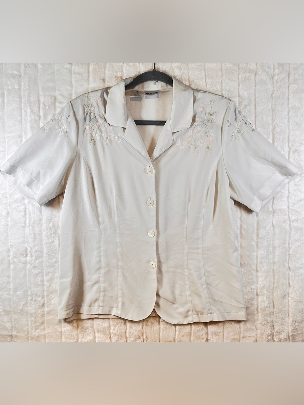 Vtg Liz Baker Cream Embroidered Blouse Button Down Size 12 Cottagecore Coquette